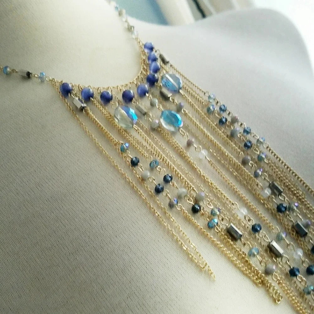 New • Fringe Waterfall Necklace • Blue Beads w/ Gold Tone Metal • Sexy